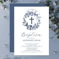 Blue Leaf Boys Baptism Invitation for $2.80 - Baptism & Christening Invitations Navy Blue Watercolor, Boys First Communion, Confirmation Invitations, First Communion Invitations, Communion Invitations