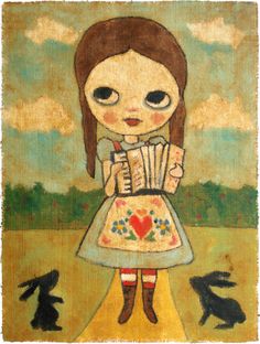 a painting of a girl with an accordion in front of a black cat and dog