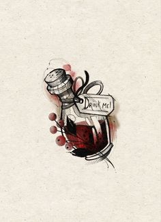 a drawing of a bottle of wine with the word drink me on it's side