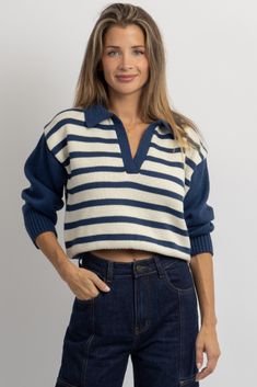 Knit Long Sleeve Top With Striped Collar, Striped Knit Top With Ribbed Collar, Trendy Striped Long Sleeve Knit Top, Trendy Long Sleeve Striped Knit Top, Knit Sweater With Contrast Stripes, Nautical Long Sleeve Sweater For Fall, Nautical Long Sleeve Sweater For Winter, Blue Top With Striped Collar For Fall, Blue Tops With Striped Collar For Fall