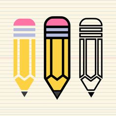 three pencils and one eraser are lined up against a sheet of lined paper