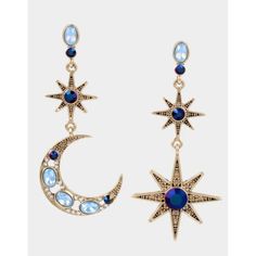 Betsey Johnson Mismatched Earrings Featuring Celestial Stars And Crescent Moon Embellished With Crystal And Blue Tonal Colored Stone Accents And Textured Details. Earrings Are Set In Gold-Tone Metal With A Post Back Closure. Features: Mismatched Earrings Featuring Celestial Stars And Crescent Moon Embellished With Crystal And Blue Tonal Colored Stone Accents And Textured Details. Earrings Are Set In Gold-Tone Metal With A Post Back Closure. Gold-Tone Metal With Glass Size: Womens One Size Measurements: Length 2.5 In / 6 Cm Width 1.1 In / 3 Cm Condition: New With Box Comes From A Smoke Free Home, Ships The Same Day. Reasonable Offers Welcomed. Blue Star Earrings, Mismatch Earrings, Antique Gold Earrings, Blue Drop Earrings, Betsey Johnson Earrings, Moon And Star Earrings, Star And Moon, Antique Gold Jewelry, Gold Jewelry Earrings