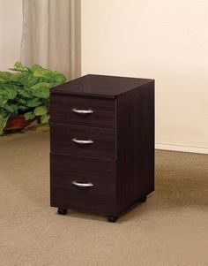 Benzara 3 Drawer Wooden File Cabinet With Casters and Metal Handles Wooden File Cabinet, Under Desk Storage, Drawer Filing Cabinet, Mobile File Cabinet, Functional Style, Lateral File Cabinet, Business Furniture, Acme Furniture, Wood Detail