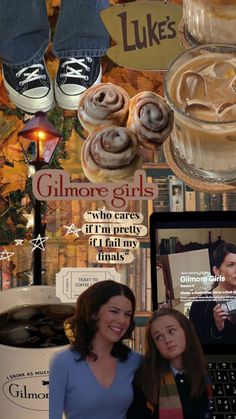 two women standing next to each other in front of a laptop computer and cupcakes