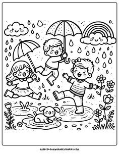 a charming scene featuring joyful kids splashing in puddles, colorful umbrellas, cheerful raindrops, and a stunning rainbow peeking through the clouds. Nature Coloring Pages For Kids, Nature Coloring Pages, September Colors, Kids Art Studio, Writing Pictures, Free Nature, Garden Drawing