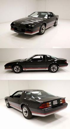 three different views of a black car with red and white stripes on the hood, side by side