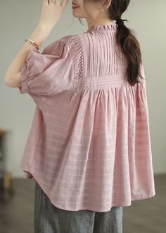 Handmade Pink Ruffled Button Patchwork Cotton Blouse Summer Loose Cotton Tops, Loose Top Pattern, Cotton Tops Designs, Cotton Tunic Tops, Blouse Summer, Stylish Short Dresses, Fashion Top Outfits, Dress Design Patterns, Fashion Tops Blouse