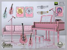 a pink piano and musical instruments in a room