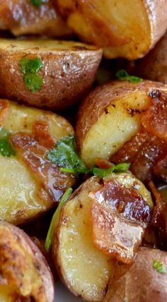 closeup of cooked potatoes with parsley on top