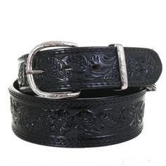 1 7/8" tapered to 1 1/2" black leather belt with floral tooling down the center and double row of black stitching on each side. Elegant Formal Hand-tooled Belt Buckles, Elegant Hand Tooled Belt Buckles For Formal Wear, Elegant Hand Tooled Belt Buckles For Formal Occasions, Classic Black Concho Belt Buckles, Western Black Embroidered Belt, Black Western Style Embroidered Belt, Western Style Hand Tooled Belt For Formal Wear, Black Leather Embroidered Belt Buckles, Western Black Belt Buckles