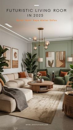 Sage And Sand Living Room, Sage Neutral Living Room, Green Beige Color Palette Living Room, Green Grey Terracotta, Sage Gray Living Room, Cozy Sage Green Living Room, Mid Century Modern Sage Green, Green Rust Cream Living Room, Green Orange Cream Living Room