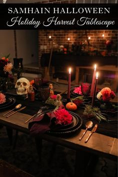 a table set for halloween with candles, flowers and skulls in the background that reads samhan hallowen holiday harvest tablescape