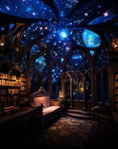 an image of a room with bookshelves and stars in the sky on the ceiling