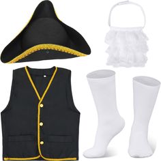 a set of children's clothing including a hat, vest and socks