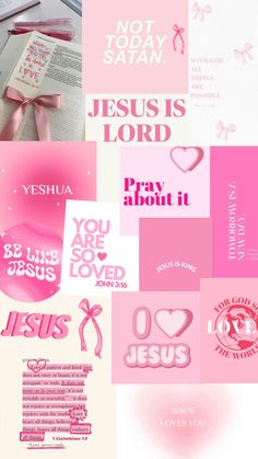 pink and white wallpaper with different types of lettering on it, including the words jesus is