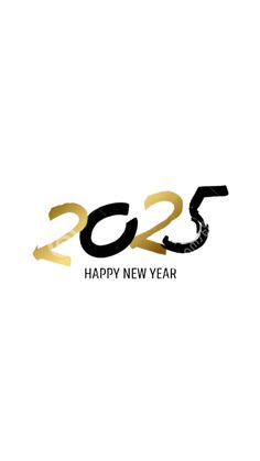 the happy new year logo is shown in black and gold letters on a white background