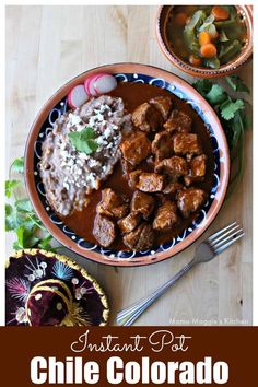 two bowls filled with food and the words instant pot chile colorado in front of them