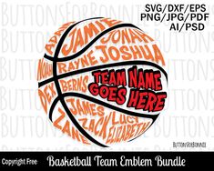 basketball ball with the words team name goes here in red and orange, on a white background