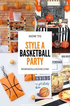 a basketball themed party with orange and black decorations, food, and decorating items