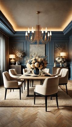 Discover the perfect blend of sophistication and warmth with this dark blue and beige dining room design. Featuring a stunning dark blue accent wall and elegant beige furnishings, this space is styled for a refined dining experience. The centerpiece vase and chic chandelier bring a touch of luxury, while a plush rug and stylish decor create a welcoming ambiance. Ideal for those who love timeless elegance with a modern twist. ✨🍽️ Victorian Inspired Dining Room, Victorian Modern Dining Room, Modern Blue Dining Room, Dining Room Navy Blue, Dark Academia Aesthetic Dining Room, Blue Gold Dining Room, Blue Formal Dining Room, Navy And Gold Dining Room, Dark And Moody Dining Room