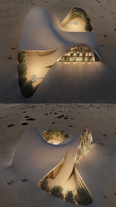 an architectural rendering of a building on the beach at night, with lights shining from its windows