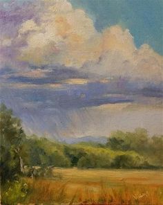 an oil painting of clouds over a field