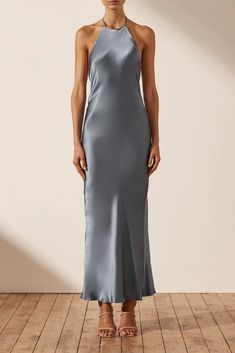 La Lune Low Back Halter Neck Midi Dress | Blue Smoke | Dresses | Shona Joy – Shona Joy International Grey Dress Outfit Wedding, Grey Wedding Guest Dress, Blue Slip Dress Outfit, Grey Dress Outfit, Grey Satin Dress, Grey Silk Dress, Halter Neck Midi Dress, Blue Slip Dress, Satin Halter Dress