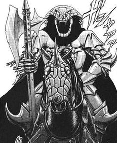 a black and white drawing of a demon holding a sceptacle with two swords