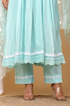 Sea green front yoke gathered kurta with lace embellishment. Paired with coordinating pant and floral embroidered dupatta. - Aza Fashions Jaipur Anarkali, Women Kurta, Embroidered Dupatta, Dupatta Set, Set Women, Sea Green, Anarkali, Aza Fashion, Jaipur