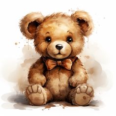 a brown teddy bear sitting on top of a white floor next to watercolor stains