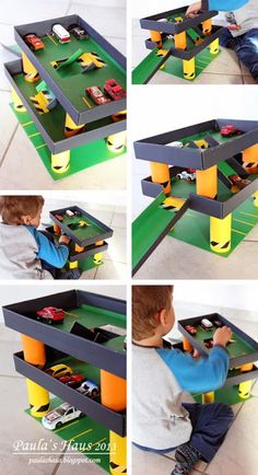 a collage of photos showing how to make a table with cars and trucks in it