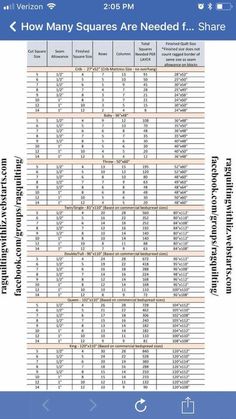 a spreadsheet showing how many squares are needed