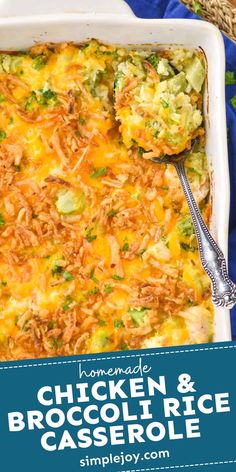 chicken and broccoli rice casserole in a white dish