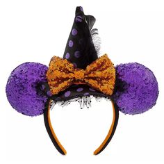 a purple and orange minnie mouse ears with a black hat on it's head