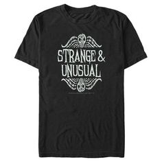 It's Showtime! Now you can join Adam and Barbara in the netherworld with this Beetlejuice Strange and Unusual Quote Men's Black T-Shirt style! This tee features a white distressed graphic of the quote: "Strange and unusual," along with Betelgeuse's head on the top and bottom of the text. Celebrate one of the best after-life-themed comedy horror films and don't wait in the house for the next one hundred and twenty-five years to get this tee! Adam And Barbara, Unusual Quotes, Hoodies Ideas, Brunch Outfits, Strange And Unusual, Leggings Hoodie, Mens Graphic T, Graphic Quotes, Graphic Tee Design