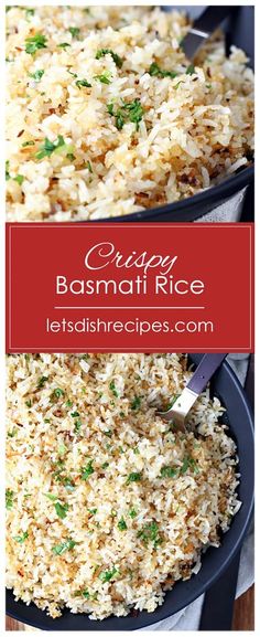 rice in a skillet with the words crispy basmati rice on top