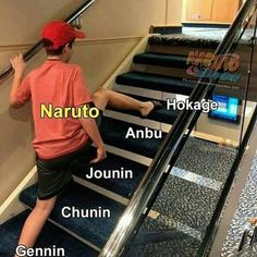 a young boy climbing up the stairs on an escalator with words above him