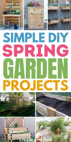 Collage of DIY spring garden projects. Edible Flower Garden, Diy Wooden Planters, Vertical Garden Wall Planter, Flower Bed Plants, Diy Garden Trellis, Trellis Ideas, Raised Flower Beds