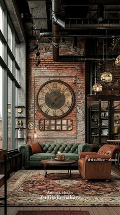 a living room filled with furniture and a large clock on the wall