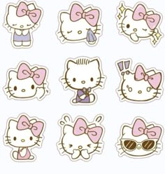 hello kitty stickers are shown on a white background, with pink bows and sunglasses