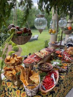 a table full of food on top of a field