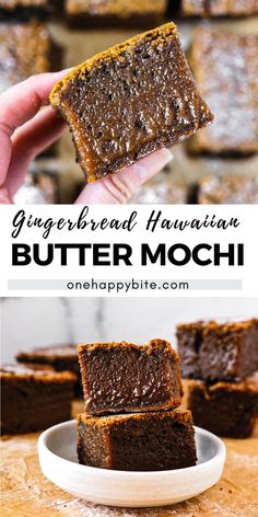 gingerbread hawaiian butter mochi recipe on a plate with the text overlay that reads gingerbread hawaiian butter mochi