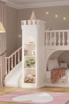 Princess Castle Bed With Slide, Princess Twin Bed, Princess Slide Bed, Castle Beds For Girls Room, Minimalist Princess Bedroom, Rainbow Theme Bedroom Kids Rooms, Princess Playroom Ideas