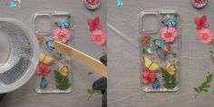 two cases with flowers and butterflies on them, one is holding a wooden spatula