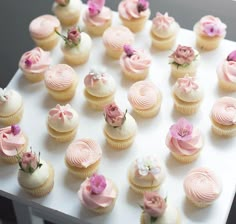 cupcakes with pink and white frosting are arranged on a table