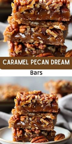 caramel pecan dream bars stacked on top of each other with text overlay