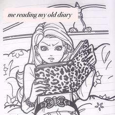 a drawing of a girl reading a book with the words me reading my old diary