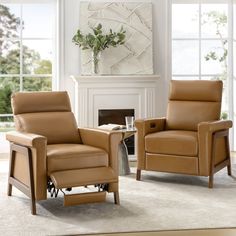 two brown recliners sitting in front of a fireplace with a vase on the mantel