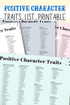 a poster with the words positive character and their characters on it, which are also labeled in