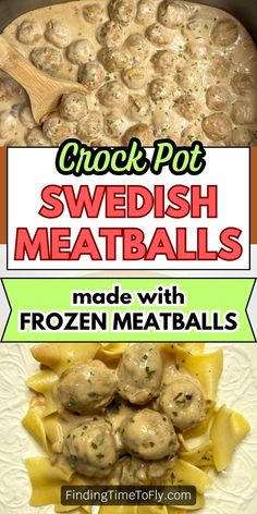 some meatballs are being cooked in a skillet with the words crock pot swedish meatballs made with frozen meatballs